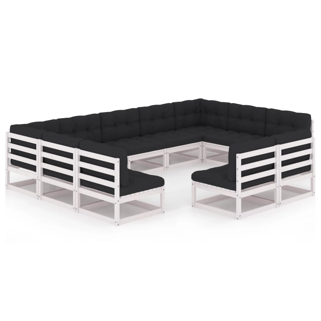 11-tlg. Garten-Lounge-Set mit Kissen Weiss Kiefer Massivholz
